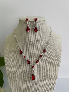 Evening Rhinestone Jewelry For Valentine's Day, Evening Red Jewelry With Rhinestones, Red Rhinestone Jewelry For Evening, Red Cubic Zirconia Jewelry For Evening, Elegant Red Rhinestone Necklace For Formal Events, Formal Red Dangle Jewelry Sets, Elegant Red Rhinestone Necklace For Formal Occasions, Cheap Red Vintage Necklaces, Red Sparkling Stones Jewelry Sets For Wedding