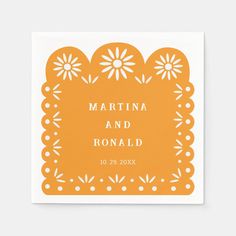 an orange and white square paper with the words martina and ronald printed on it,