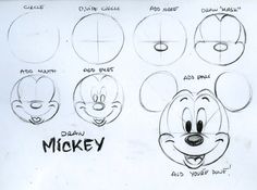 a drawing of mickey mouse's face with different facial expressions and head shapes for each character