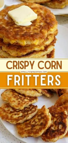 crispy corn fritters on a white plate with butter in the middle and orange border