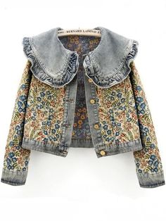 Mid blue floral embroidered jeans flaps jacket - Wapas Trendy Denim Jacket, Trendy Denim, Collars For Women, Embroidered Jeans, Denim Jacket Women, Denim Coat, Pan Collar, Mode Inspiration, Peter Pan Collar