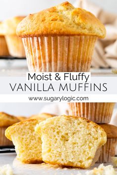 two muffins on top of each other with the words, most and fluffy vanilla muffins