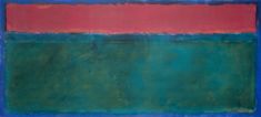 an abstract painting with red, green and blue stripes on the bottom half of it