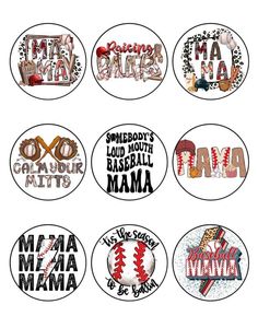 six stickers with the names of different sports teams and their name are shown in red, white, and blue