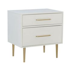 a white nightstand with two drawers and gold pulls on the bottom, against a white background