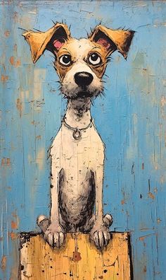 a painting of a dog sitting on top of a piece of wood in front of a blue background