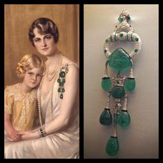 Marjorie Merriweather Post's Cartier emerald and diamond pendant brooch, circa 1923, next to a painting of Post wearing the brooch. Painting by Giulio de Blaas, 1929.