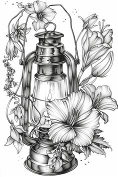 a black and white drawing of a lantern with flowers