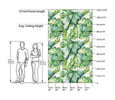 an image of the measurements for a wallpaper with tropical leaves and people standing next to it