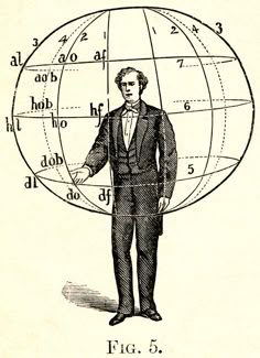 an old illustration of a man standing in front of a globe