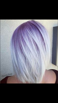 Angled Lob Haircut With Bangs, Fun Colors For Grey Hair, Lavender Bob Hair, Lavender Hair Streak, Pastel Purple Hair, Bob Haircut Ideas, Ombre Bob, Pastel Ombre