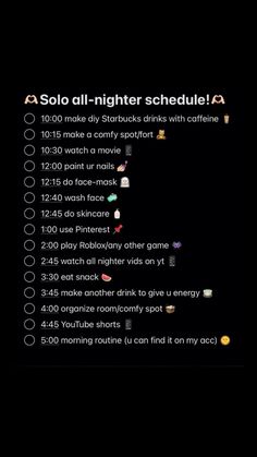 the menu for solo all - nighter schedule is shown in this screenshote