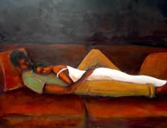 a painting of a man laying on a couch