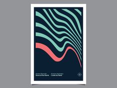 an abstract poster with wavy lines in blue, pink and green on a dark background