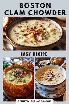 collage of images showing bowls of boston clam chowder Homemade Clam Chowder Recipe, Potato Clam Chowder Soup, Boston Clam Chowder Recipe, Creamy Clam Chowder, Clam Meat Recipes, Best Boston Clam Chowder Recipe, Claim Chowder Recipe, Clam Bake Recipe, Clam Chowder With Canned Clams