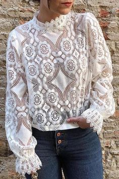 White Lace Shirt, Women Lace Blouse, Lace Blouse Long Sleeve, Lantern Sleeved Blouses, Short Blouses, White Lace Blouse, Lace Tshirt, Lace Top Long Sleeve, Lace Long Sleeve