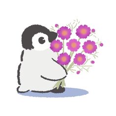 a penguin holding a bunch of purple flowers