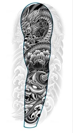 an artistic tattoo design with dragon and water waves on it's back leg, done in