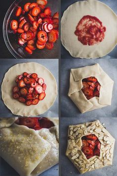 the process of making pie dough with strawberries and almonds on top is shown