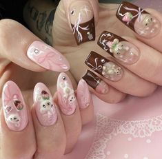 Cute Minimalist Nails Pretty Gel Nails, Really Cute Nails, Soft Nails, Kawaii Nails, Pink And Brown, Cute Nail Art, Manicure Y Pedicure, Dream Nails