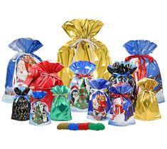 several bags with different designs and colors on them