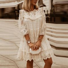 Elegant Embroidery O-Neck Loose Lace Mesh Mini Dress | Uniqistic.com Lace Beach Dress, Knee Length Dresses Casual, Sheer Mesh Dress, Embroidered Lace Dress, Elegant Embroidery, Looks Party, Lace Patchwork, Casual Lace, Lace Fashion