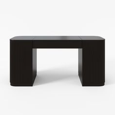 a black table with two legs and a square shaped design on the top, against a white background