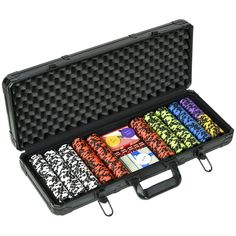 a black case filled with lots of different colored poker chip sets on top of each other