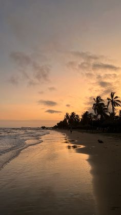 the sun is setting at the beach with palm trees