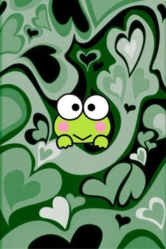 an image of a green frog with hearts on it's face and eyes in the background