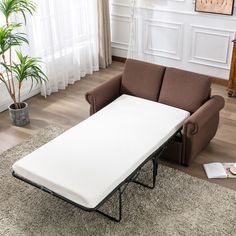 a living room with a couch, chair and mattress on the floor next to a potted plant