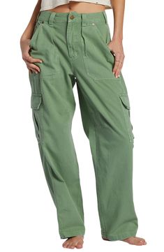 March to a utilitarian beat in these cargo pants cut from crisp cotton with a on-trend wide legs and plenty of pockets for all your daily essentials. 28" inseam; 18" leg opening; 12" front rise; 14" back rise (size 29) Zip fly with button closure Front slant pockets; back flap-patch pockets; cargo flap-patch pockets 100% cotton Hand wash, line dry Imported Wide Leg Cargo Pants, Cloud Forest, Billabong Women, Trouser Pants Women, Wide Legs, Daily Essentials, Cotton Twill Fabric, Cotton Pants, Billabong