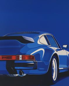 a painting of a blue sports car with white rims and tail lights on it