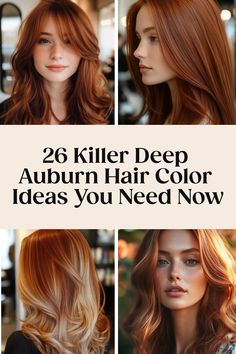 Collage of women with deep auburn hair showcasing different hairstyles, with text: "26 Killer Deep Auburn Hair Color Ideas You Need Now".