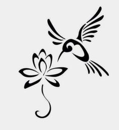 a black and white drawing of a bird flying over a flower