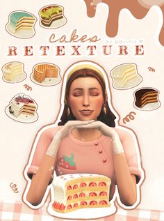 the girl is holding a cake in front of her face with many different desserts on it