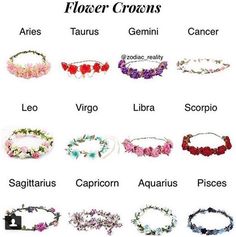 flower crowns are arranged in different colors and sizes, with names on each one side