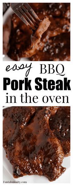 easy bbq pork steak in the oven on a white plate with fork and text overlay