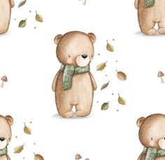 a watercolor painting of a teddy bear with leaves falling from it's mouth