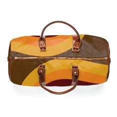 70's Retro Travel Bag, Rising Sun, Groovy, Orange, Brown, Yellow, Hippie, Mid Mod Weekend Travel Bag Let me tell you, this bag, will be the talk of the airport! I recently traveled with mine and I had so many inquiries about this bag. It is so roomy, and durable. You can't believe all that it will fit inside. That is if you are a good packer like I am. I am a roller:) Works like a charm. Best part is, it is also waterproof! This personalized travel bag is all about style. Made with high-grade wa Personalized Travel Bag, Weekend Travel, Mid Mod, 70s Retro, Rising Sun, Soft Bristle Brush, Weekend Trips, Orange Brown, Waterproof Fabric