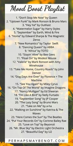 yellow flowers with the words mood booster playlist