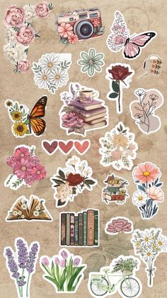 an assortment of stickers with flowers, books and butterflies on the top of them