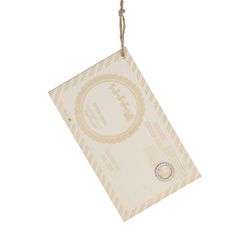 a tag with a ring on it hanging from a string