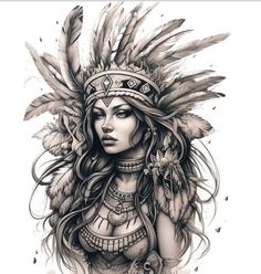 a drawing of a woman with feathers on her head