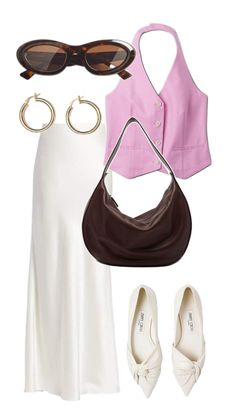 a white dress, pink top and brown purse