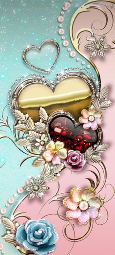 a heart shaped box sitting on top of a blue and pink background with flowers, leaves and hearts