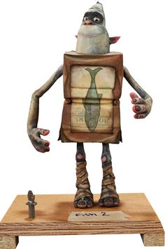 a cartoon character is standing on top of a piece of wood with his hands in the air