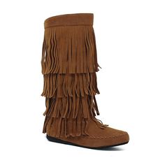 These Yoki Mudd 55 fringe boots will add a touch of fun to any outfit. These Yoki Mudd 55 fringe boots will add a touch of fun to any outfit. SHOE FEATURES Three layer fringe boot Moccassin style Functional side zipper Padded insole to maximize comfortSHOE CONSTRUCTION Faux suede upper Manmade lining Rubber midsole Manmade outsoleSHOE DETAILS Round toe Zipper closure Foam footbed Spot clean 10-in. shaft circumference 10-in. shaft height 1-in. heel height Size: 6.5. Color: Brown. Gender: female. Casual Suede Fringe Boots, Fall Fringe Fitted Boots, Brown Fringed Boots For Spring, Brown Fringe Boots, Brown Fringe Winter Boots, Heeled Chelsea Boots, Flowy Maxi Skirts, Brown Chelsea Boots, Fringe Boots