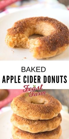 baked apple cider donuts stacked on top of each other with text overlay