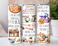 three canisters with different types of baking related items on them and the words baking is my love language